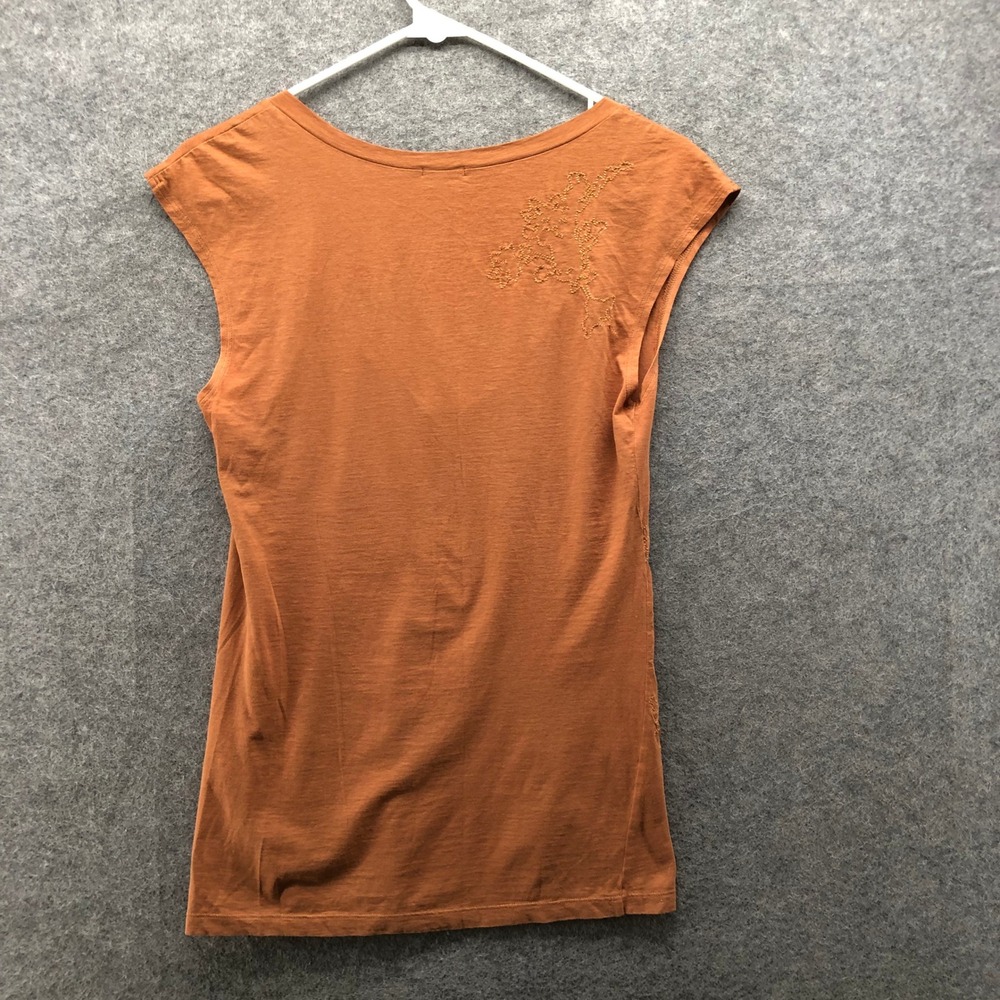 Theory Cap Sleeve V-Neck T Shirt Womens S Tan Lightweight Embroidered Thin - Picture 2 of 9